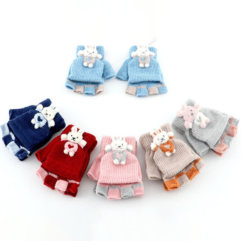 Gants d&#39;hiver en tricot pour enfants, motif lapin mignon, mitaines de dessin animé pour filles, doux et chauds, sans doigts, pour bébé de 2 à 7 ans