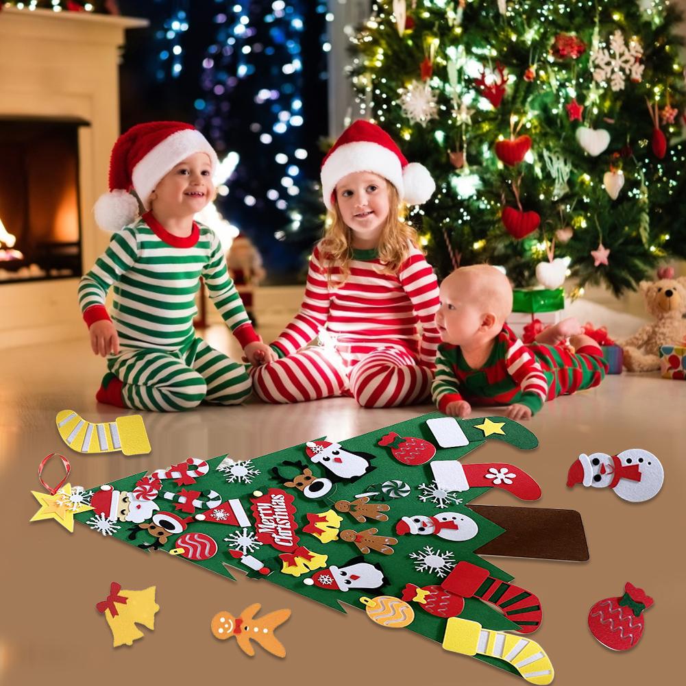 Vilten Kerstboom, Doe-het-zelf Vilten Kerstboom Met 32 Stuks Afneembare Hangende Ornamenten Huisdeur Muur Kerstdecoratie Kinderkerstcadeau