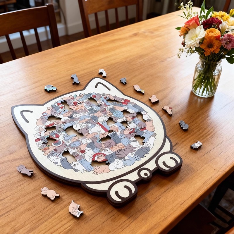 Colored Cat Shaped Wooden Jigsaw Puzzle, Cats Shaped Wooden Puzzle, Unique Animal Shape Wood Puzzle, for Cats Lov