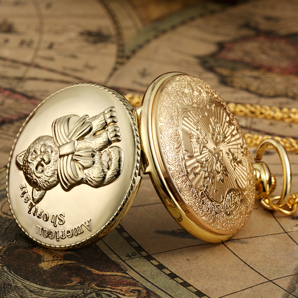 Antieke Leuke Amerikaanse Korthaar Quartz Zakhorloge Opluchting Goud Kleur Vintage Horloge Voor Man Vrouwen Best Reloj De Bolsillo