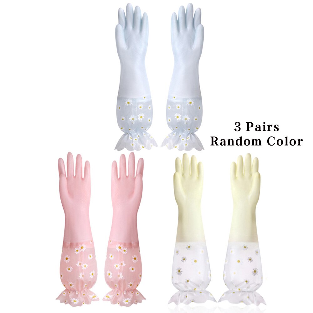 Daisy Dishwashing Clean Long Sleeve Gloves For Kitchen Dishes Clothes Cleaning Toliet Bathroom Housework Gloves: 3 Pair / L