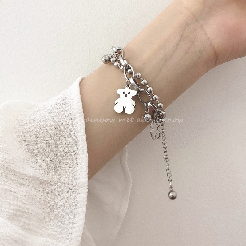 Kpop Bear Rvs Armband Voor Vrouwen Punk Kralen Hand Chain Goth Armbanden Rvs Sieraden Pulseras