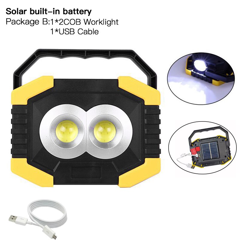 100w bærbare spotlight led arbejdslys usb genopladelig lommelygte solenergi lys bygget -in 2400 mah batteri til camping lys: B