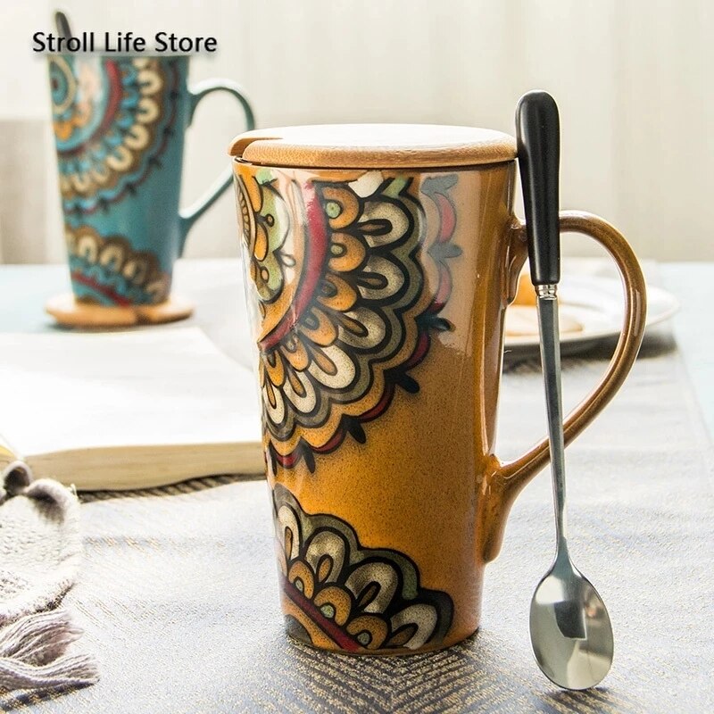 Ceramic Coffee Mug Retro Large-capacity Office Southeast Asia Water Cup Cups and Mugs with Lid Spoon Birthday CM25