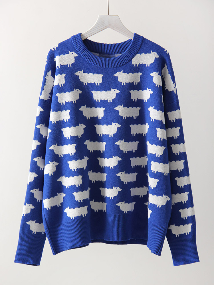 Høstlig søt posete genser med trykk til dame varm o-hals overdimensjonert gensere strikkede røde løse gensere dame grønn genser: Blå