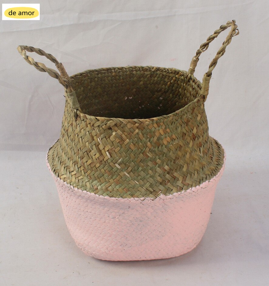 Storage Basket Wicker Planter Flower Baskets Laundry Storage Decorative Basket Pot Rattan Flower Planters Household OrganizerM18: Pink Bottom