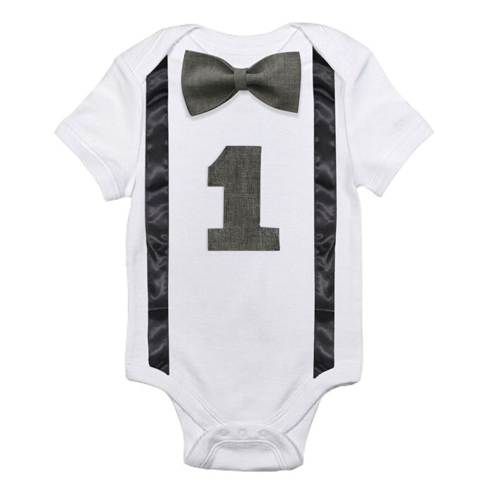 Um tamanho de algodão bebê menino macacão traje crianças carta macacões 1st aniversário outfits recém-nascidos meninos roupas do bebê 12 meses: R1