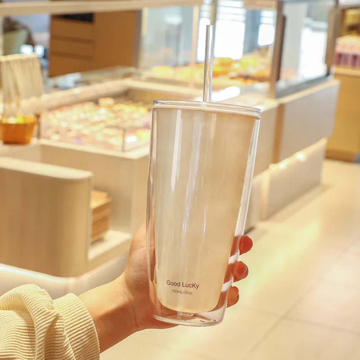 Vasos de plástico sin BPA de 750ml con tapas y pajita, botella de agua de doble capa, taza de café para beber, jugo, leche, taza con pajita: Amarillo claro