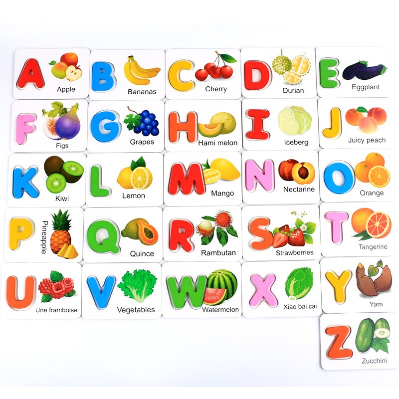 English alphabetic cards Wooden Letters Fruit And Vegetable Cognitive Cards Early Childhood Educational Wooden toys