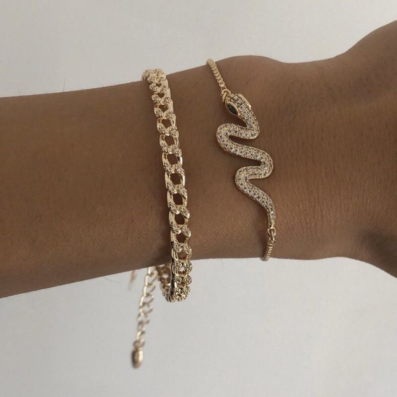 2 Pcs/Set Personality Vintage Gold Color Snake Animal Bracelets Set Multilayer Adjustable Bracelets for Women Jewelry