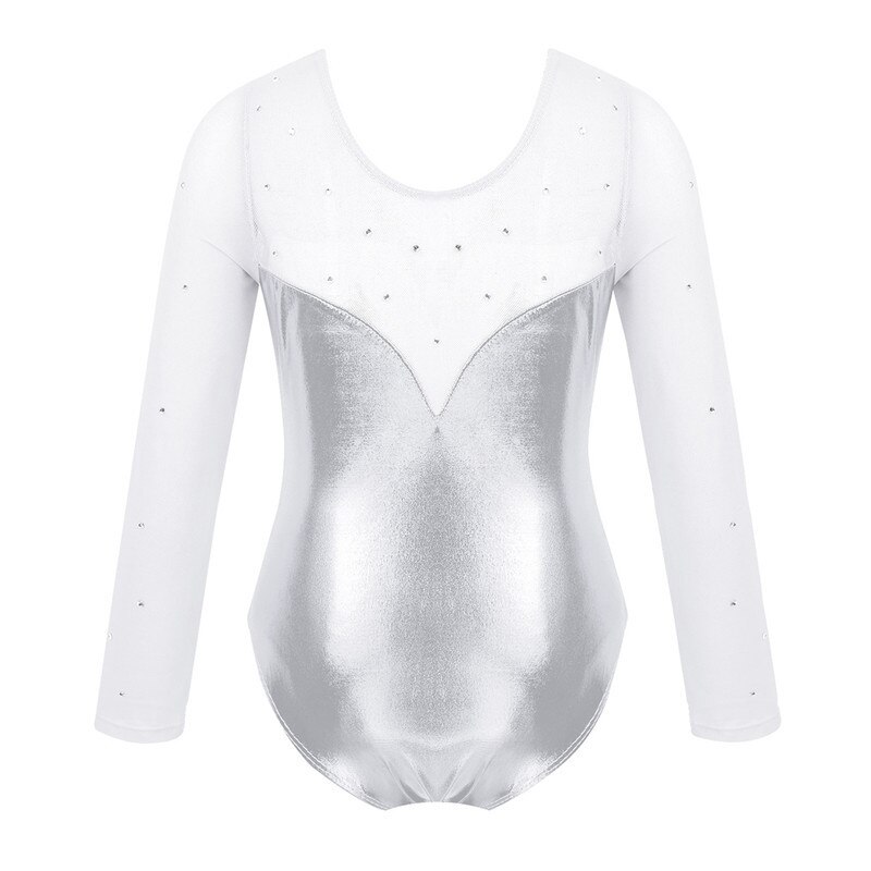 Sparkle Girls Tulle Long Sleeve Gymnastics Leotard Bodysuit Rhinestone Metallic Ballet Leotard Kids Practice Stage Dance Costume