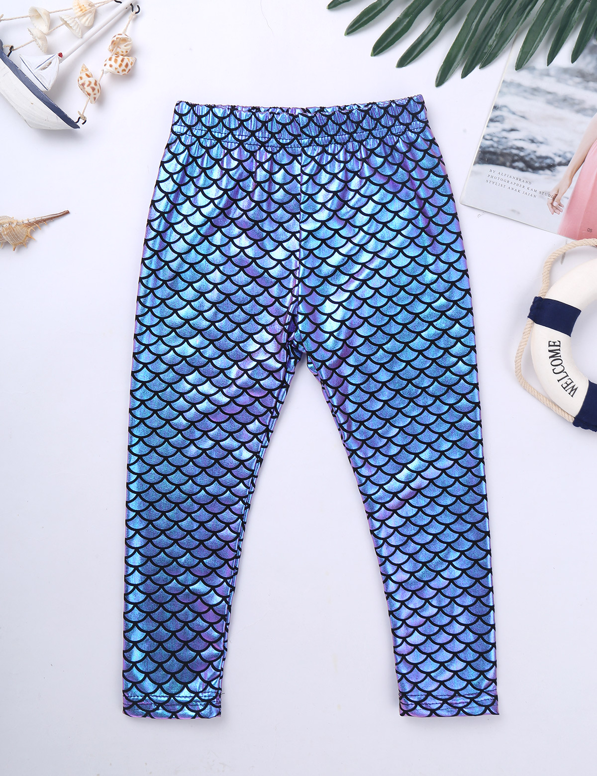Kiiltävä 3d painettu tyttö leggingsit kiiltävät kalasuomut kuvio tanssi leggingsit kevään värikkäät tyttövauvan housut ohuet housut