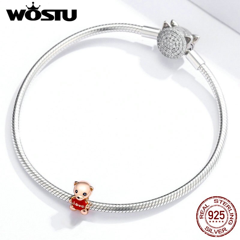 WOSTU Miś opatrzone koralikami 925 szterling srebrne dla zakochanych czerwony emalia uroki dopasowanie oryginalna bransoletka wisiorek urodziny impreza biżuteria FNC228
