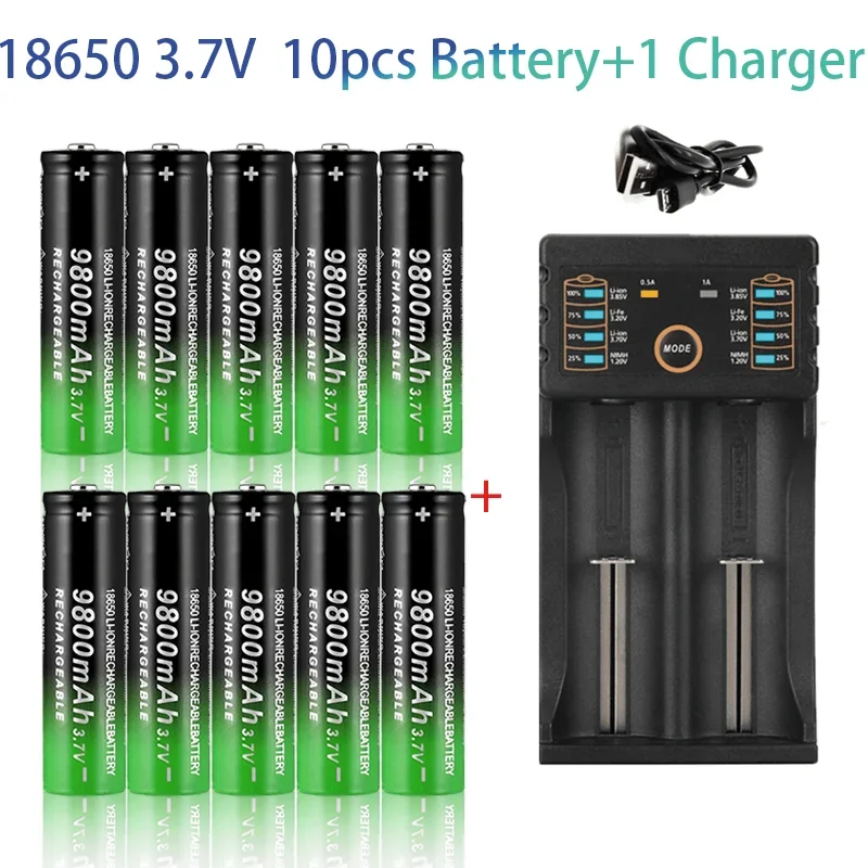 18650 Lithium Batteries Flashlight 18650 Rechargeable-Battery 3.7V 9800mah for Flashlight + USB charger: black