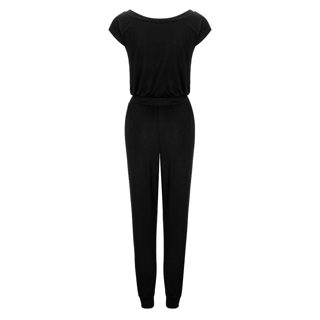 Summer Autumn Women Solid Jumpsuit Slim Casual Short Sleeve Belt Jumpsuit Sports Daily Jumpsuit#D3