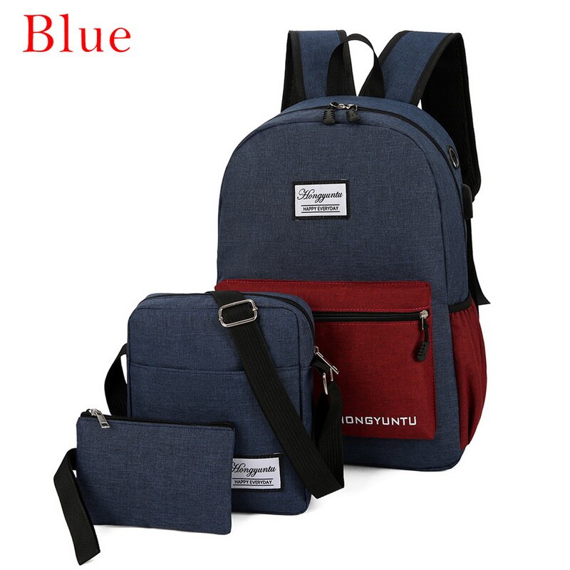 MoneRffi USB Lade Leinwand Rucksack 3 teile/satz Frauen Schule Rucksäcke Schulranzen Für Jugendliche Mann Student Buch Tasche Jungen Satchel: blue3