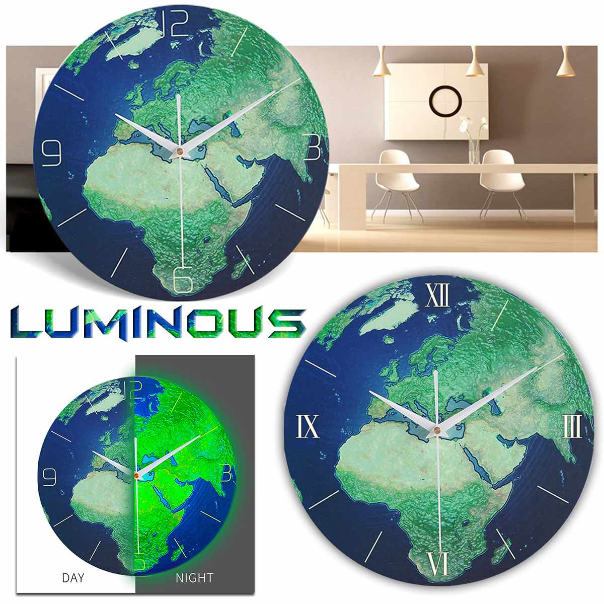Mute Sweep Glowing Earth Clock Wall Clock Glow In the Dark Luminous for Kids Baby Room Bedroom Home Decor Earth Clock
