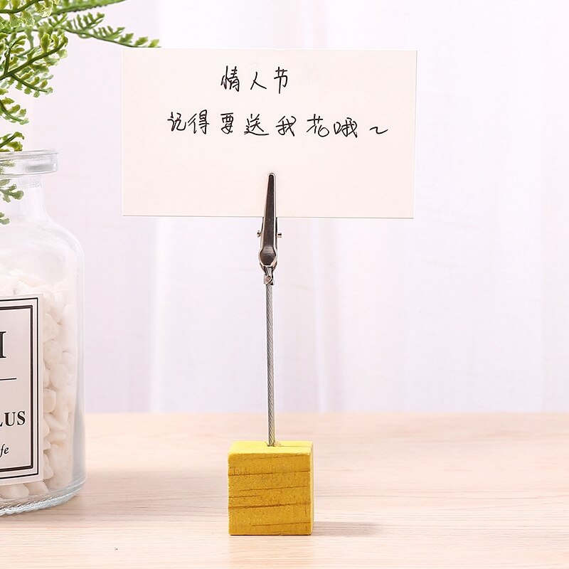1pc coloré en bois Cube mémo pince métal Photo porte-carte bureau Photo pinces support Message porte-carte bureau décor organisateur: Yellow