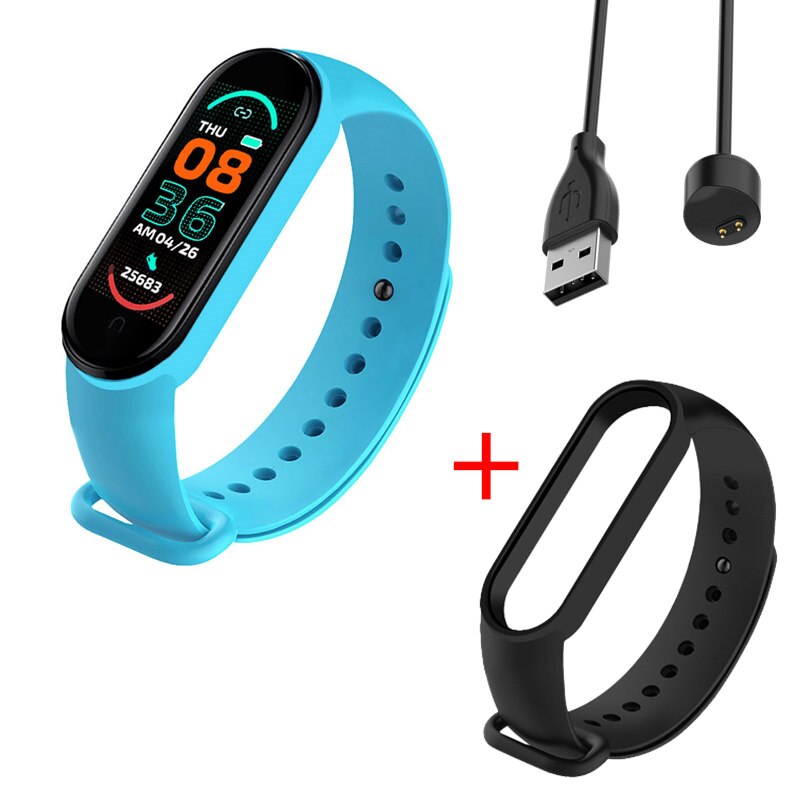 M6 Men&#39;s Ladies Smart Watch Fitness Pedometer Blood Pressure Heart Rate Monitor Digital Watch for Android IOS Phone System: Sky blue Black