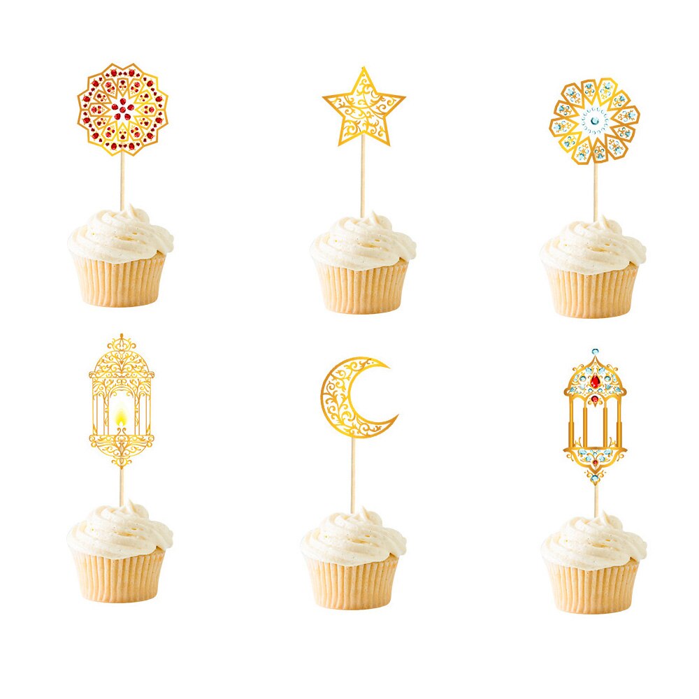6Pcs Golden Eid Mubarak Cake Toppers Ster Maan Cupcake Ornament Cake Decor Dessert Versiering Voor Partij Decoratie
