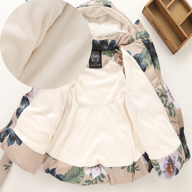 Winter Jas Voor Meisje Kleding Kids Bloemen Gedrukt Parka Dikke Fleece Warme Jas Kinderen Snowsuit Kleding 2-10 Jr