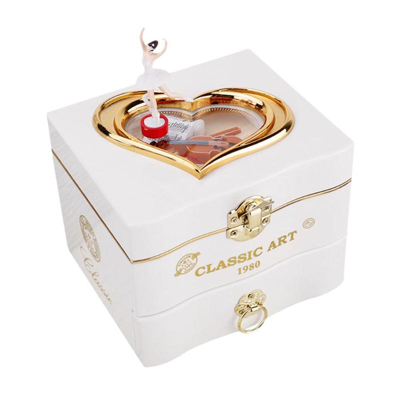 Classic Rotating Dancer Music Box Clockwork Hand Crank Music Box Women Jewelry Boxes Necklace Ring Storage Organizer Drawer: White