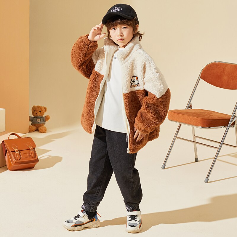 TON LION KIDS Boys Winter Coat, Warm Coat, High Collar Black and White Stitching Plush Coat, Boys&#39; Clothing