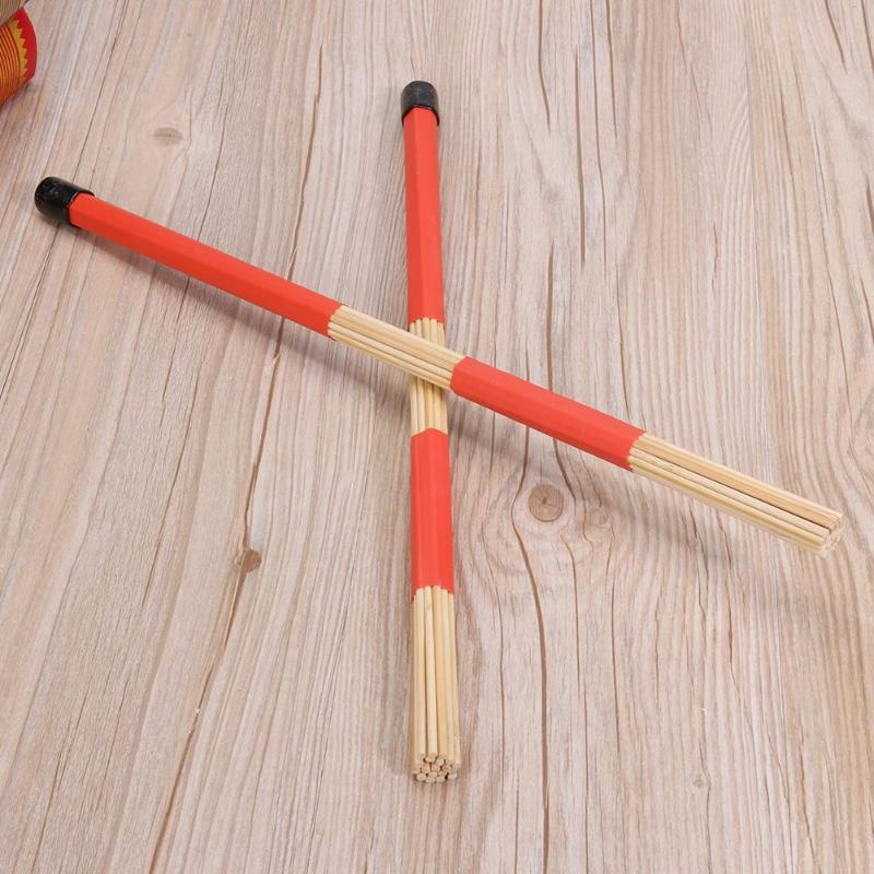 1 Pair Bamboo Country Jazz Ballad Percussion Drum Brushes Bundle Drum Sticks with Rubber Handle 40.5cm Red Color