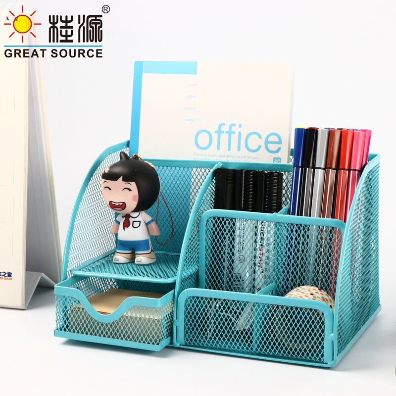 Durable Stationeries Holder Metal Mesh Basket Desk Commodity Organizer With Drawer Colorful Metallic Lacquer