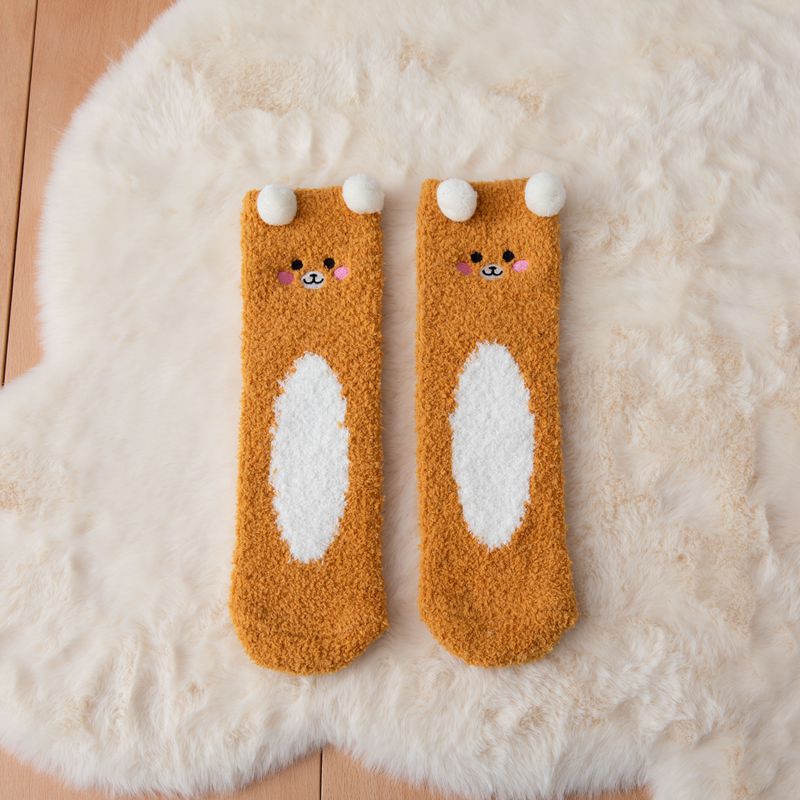 Winter Soft Coral Fleece Women Thigh High Socks Cute Cartoon Animals Panda Cat Bear Over Knee High Ladies Girls Long Socks Home: style 2 yellow
