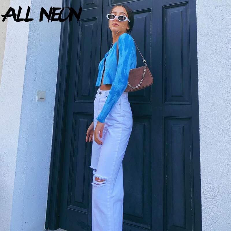 ALLNeon Y2K High Waist Ripped Jeans Vintage E-girl Aesthetics Hole Wide-leg Baggy Pants 90s Streetwear Denim Trousers
