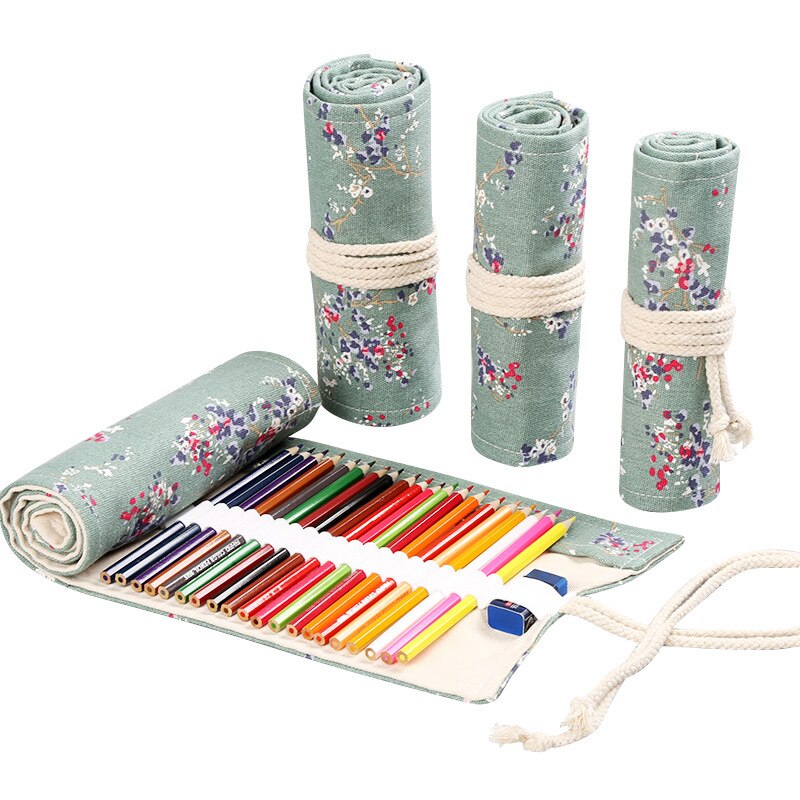 72 Gaten Schoolbenodigdheden Roll-Up Potlood Zakken Voor Kleur Potlood Pennen Tas Potlood Pouch Canvas Handgemaakte Bloemenprint kawaii Bgas: 72 hole Plum