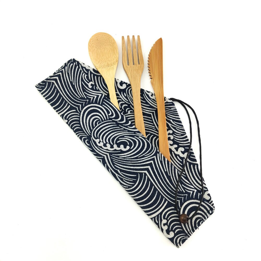 Bamboo Portable Reusable Utensils With Nylon Toothbrush Bamboo Case Travel Cutlery Set Camping Utensils Fork Spoon Knife Set: 1250-K-1