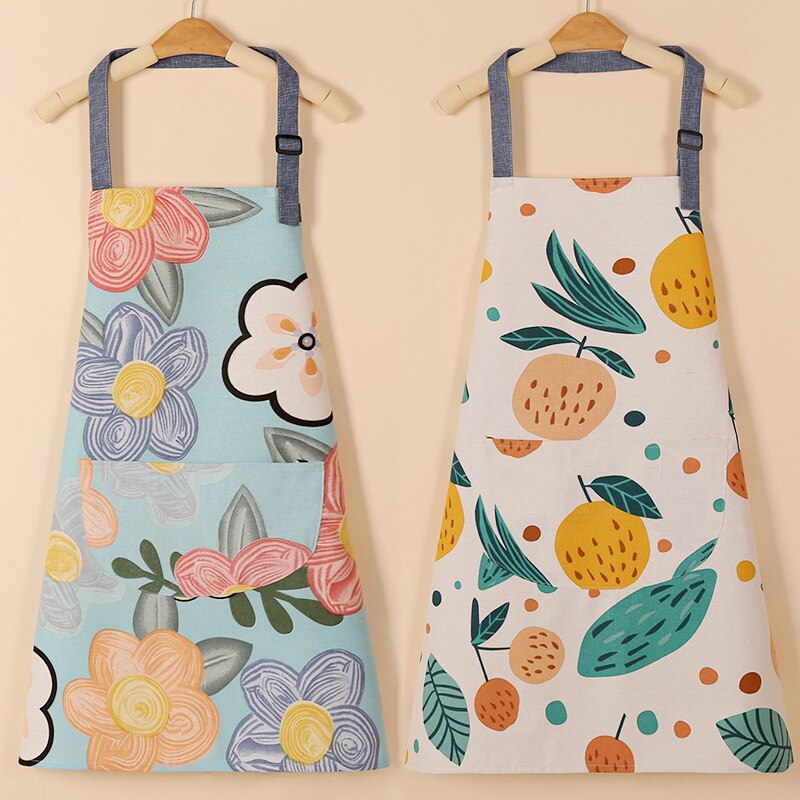 Printed Women Kitchen Aprons Pure Cotton Thickened Adult Home Cooking Baking Coffee Shop Cleaning Aprons