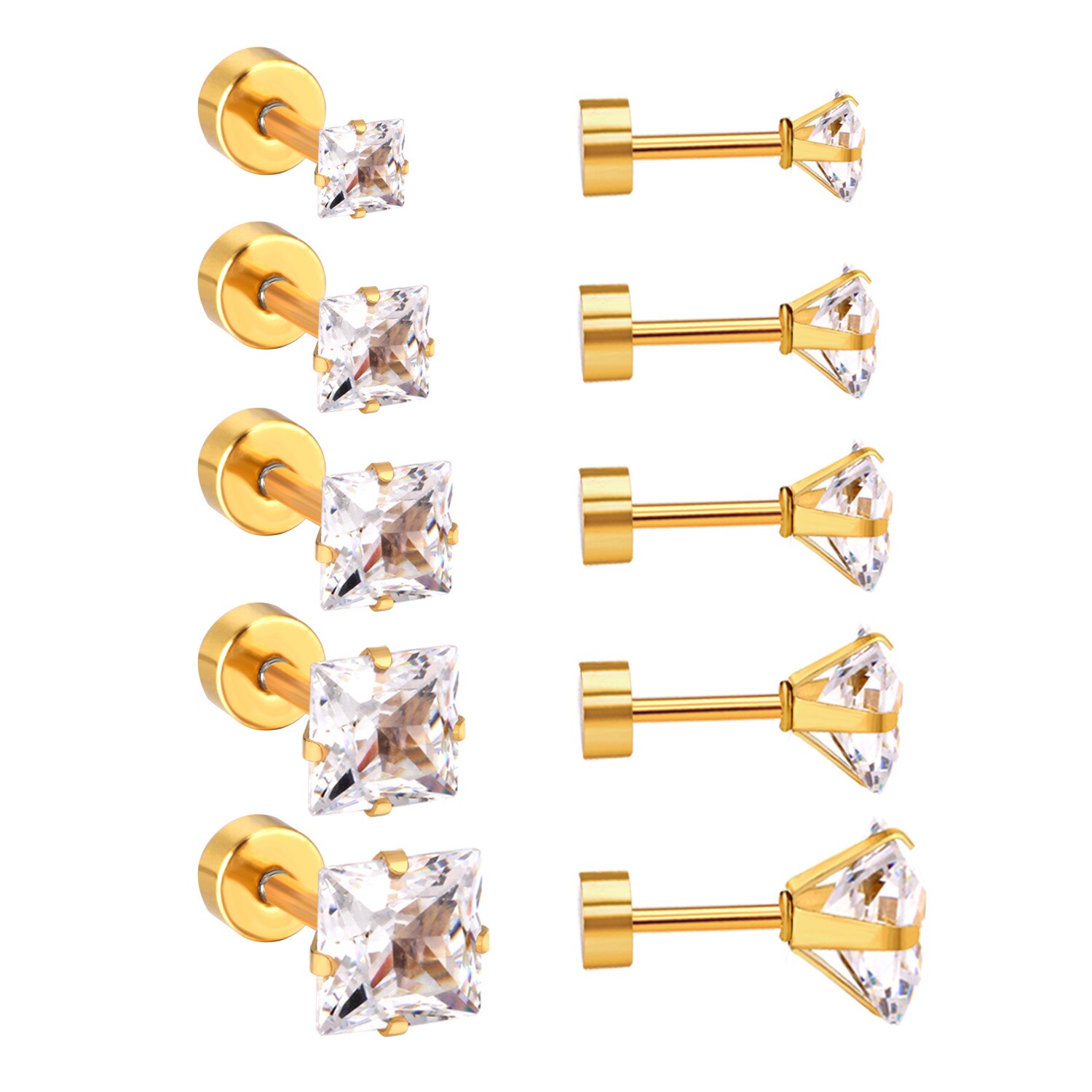 ASONSTEEL 5Pairs Square Cubic Zircnia Earring Sets Mixed Size 3mm to 7mm Stainless Steel Earrings for Women Anti-allergy Jewelry