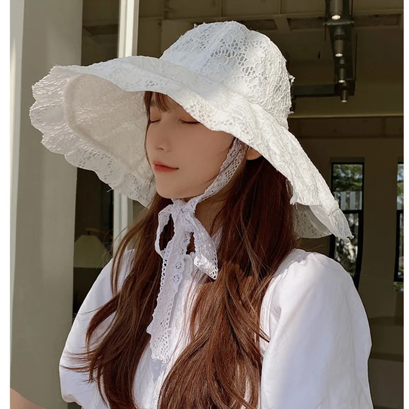 White Lace Sun Hat Summer Hats for Women Bucket Hat Beach Sunhat Large Wide Brim Summer Cap for Women