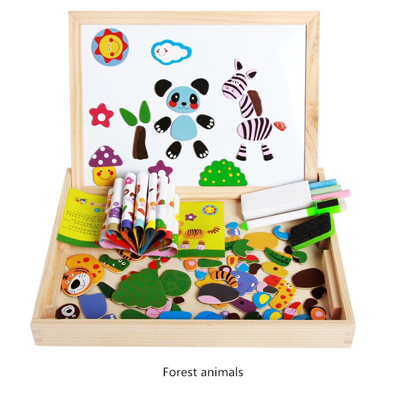 15 Style Wooden Magnetic Puzzle Double-Sided Drawing Board Farm/Animals/Vehicle/Circus Puzzle Toys for Children With Box: D