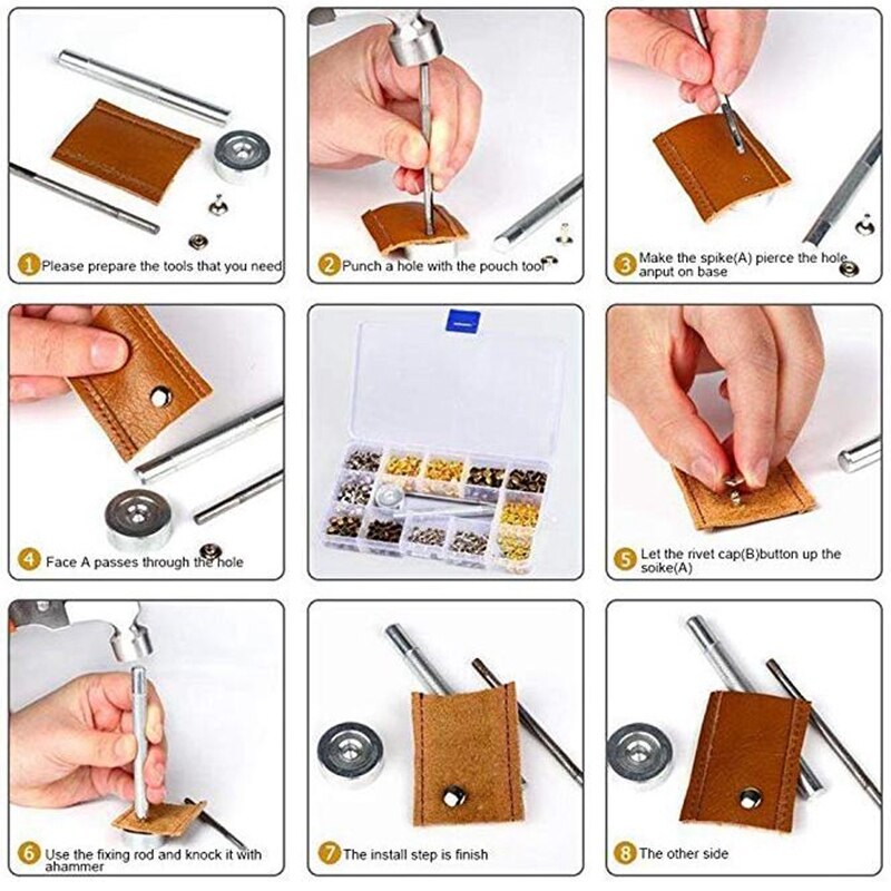 360Pcs 3 Maten Lederen Klinknagels Double Cap Klinknagel Buisvormige Metalen Studs Met 4 Vaststelling Set Gereedschap Voor Diy Leer ambacht, 4 Kleuren (Gaan