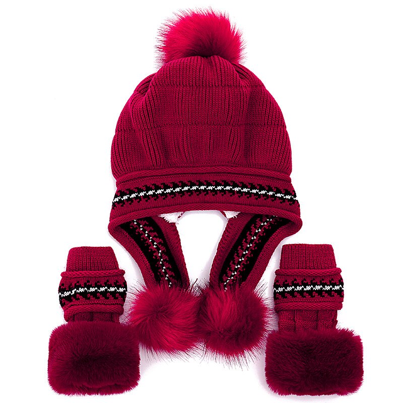 Kvinders vinterhue kvindelig tilføj pelsfor strikket hat med handsker sæt pompoms bold beanie cap piger tyk varm beanie hat: Rødvin