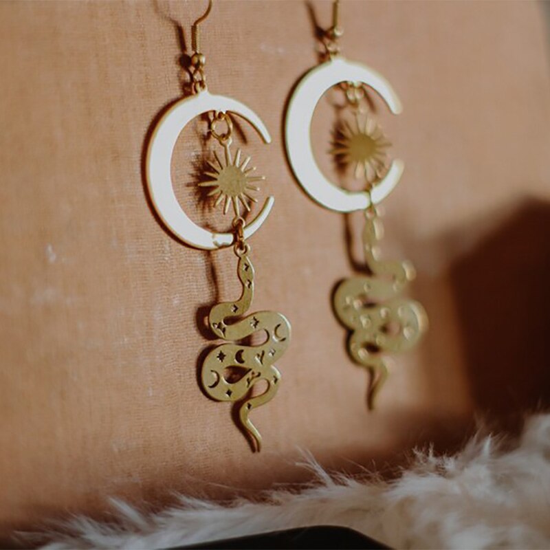 Celestial snake Crescent moon earrings Snake jewelry Witch earrings Enchanted jewellery Unusual Long earrings Witchy vibes