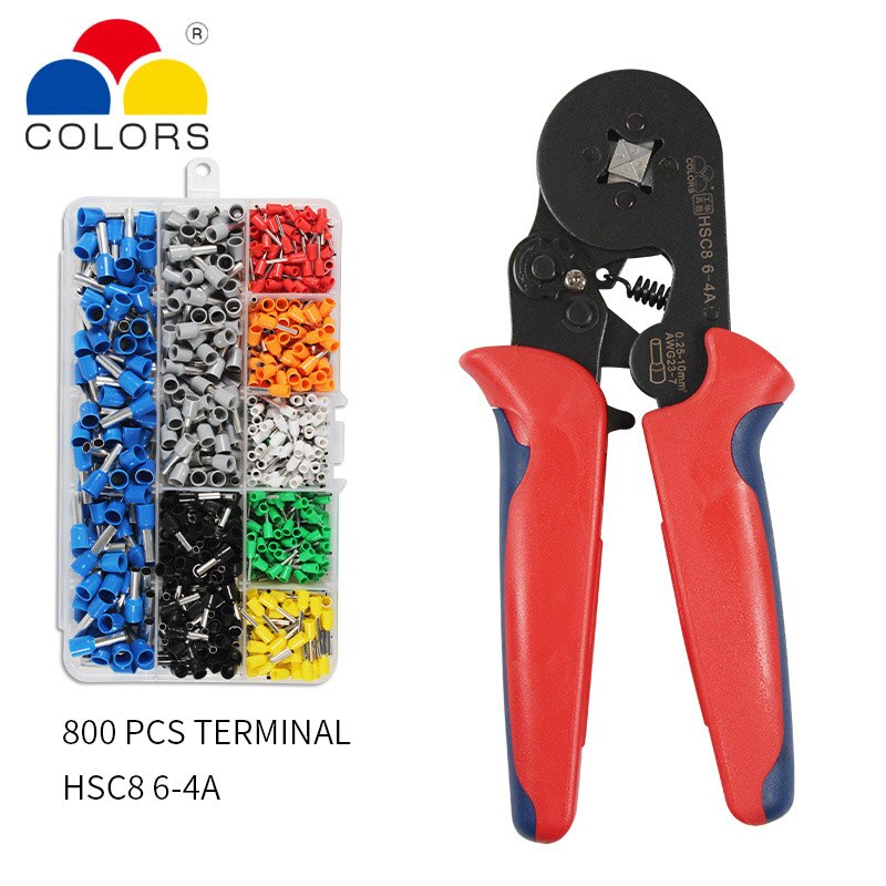 Crimper Plier Set 0.25-10mm2 self-adjustable ratchat wire crimping tool with 1200 Wire Terminal Crimp Connector Insulated: HSC8 6-4A 800PCS