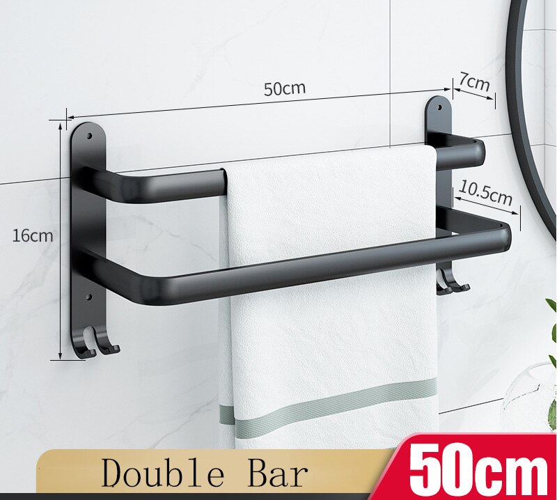 Zauberstab Montieren 30-50CM Weiß Aluminium Handtuch Gestell Halfter Doppel Drei Bar Mit Wc Kleid Haken Aufhänger Küche Schlecht Zubehör: Schwarz doppelt 50cm