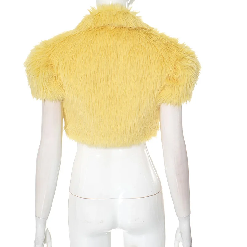 Fluffiga fuskpälsjackor för kvinnor crop top turn down krage korta ärmar bältesspännen koftor kappa varm väst ytterkläder