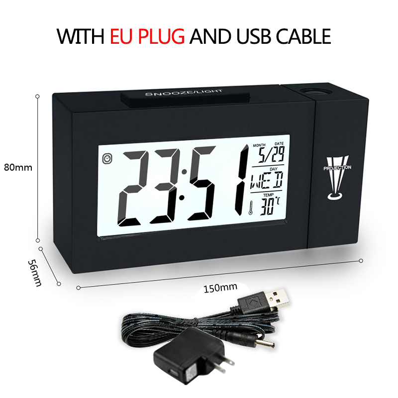Väckarklocka med termometer kalender datum visning ändra snooze led bord klocka med eu us plug, projektion digital klocka: Svart med eu-kontakt