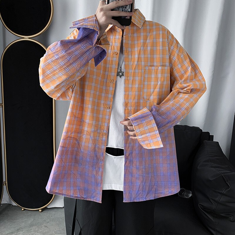 spring retro gradient color plaid trend long-sleeved trendy brand shirt men's clothes ins loose shirt jacket