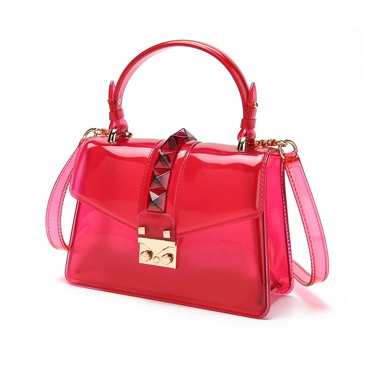 Clear Transparent saddle Bag Women rivet Jelly Bags Purse Panelled Color women Handbags sac a main femme Shoulder Bag: red