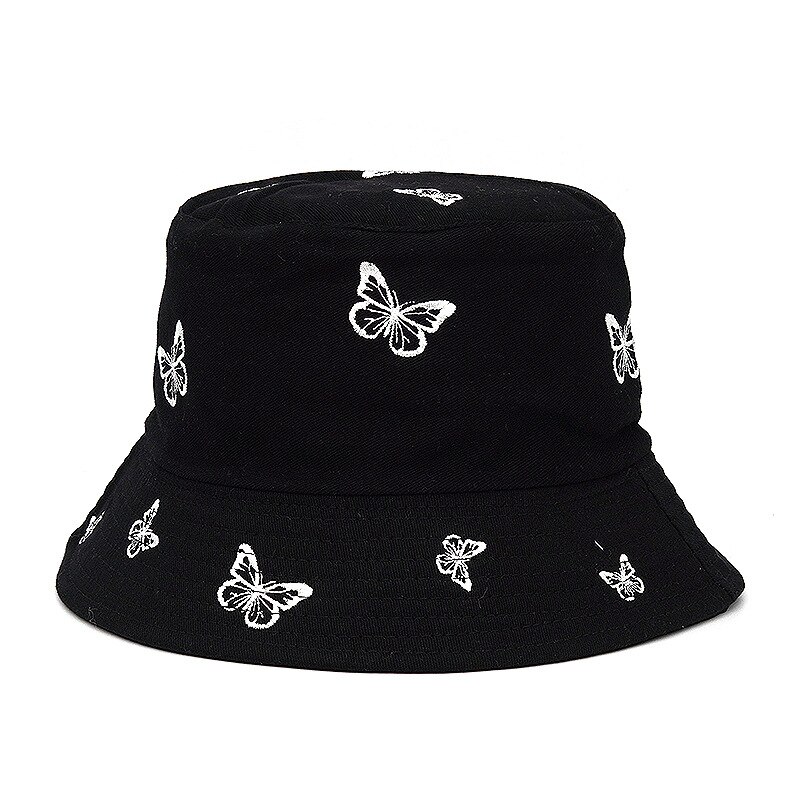 Sombrero de pescador plegable con estampado de mariposa para mujer, gorro de pescador con bordado, estilo Hip Hop, ideal para ,: Negro