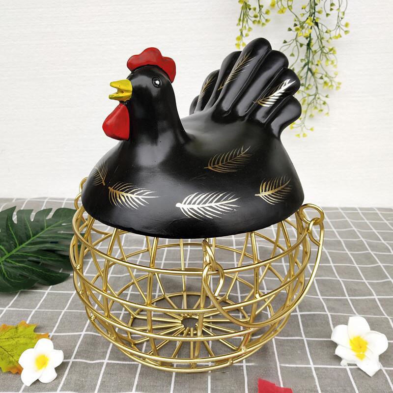 Æg frugt metal opbevaring kurv keramik med låg stor kapacitet mesh brød kurv høne ornament organizer køkken kurv: Sort 2