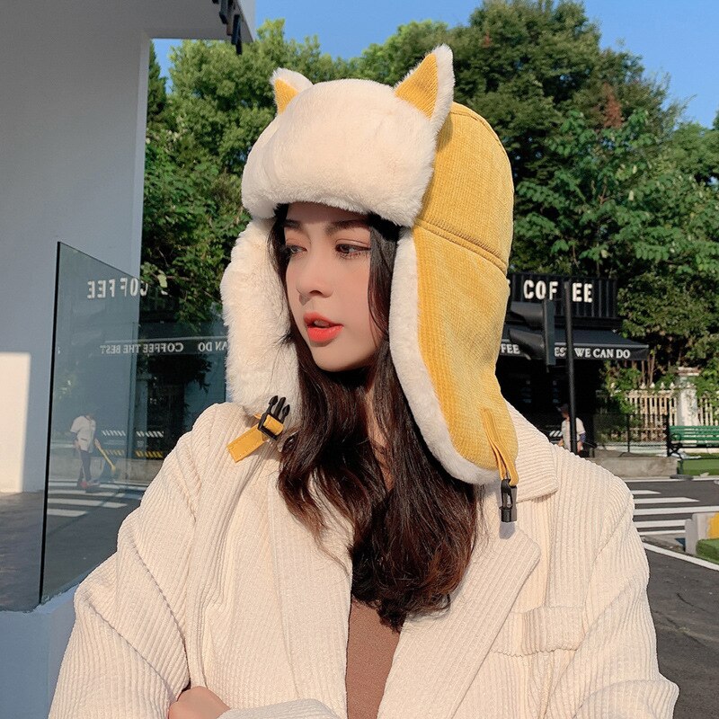 hiver femmes oreilles de chat Bomber chapeau épais coton cachemire en peluche masque russe Ski Protection visage cache-oreilles casquette