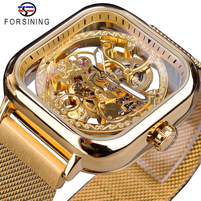 Mode Forsining Mannen Mechanische Horloges Automatische Self-Wind Golden Transparante Mesh Steel Horloge Skeleton Man Mannelijke Uur: GMT1148-4